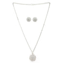 Rhodium Plated Silver Toned White Cubic Zirconia Studded Floral Shaped Pendant Set