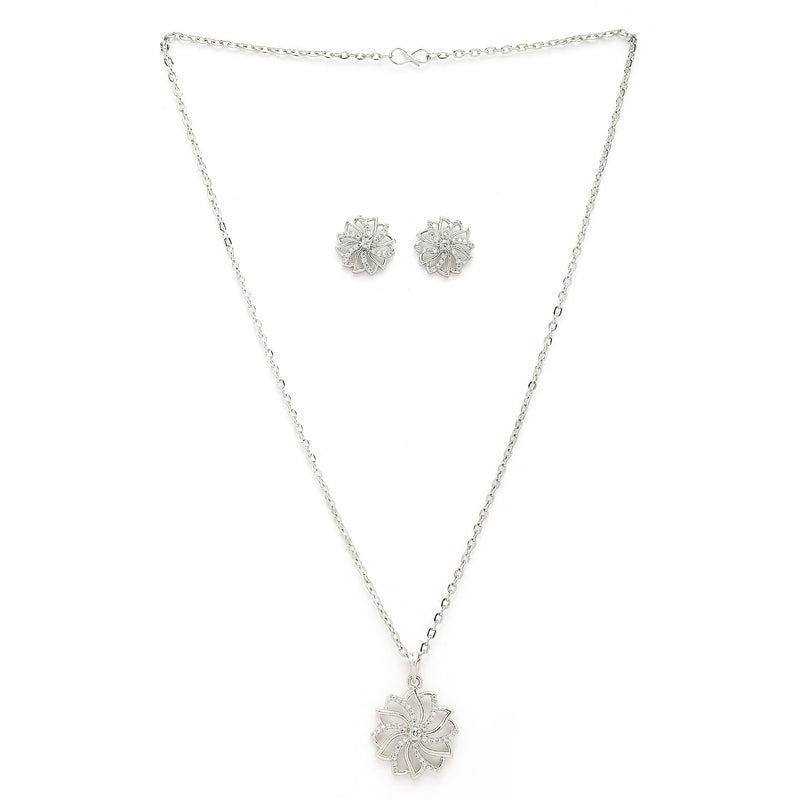 Rhodium Plated Silver Toned White Cubic Zirconia Studded Floral Shaped Pendant Set
