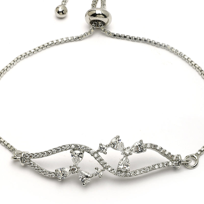 Rhodium Plated Silver Toned Floral White American Diamond Studded Bracelet