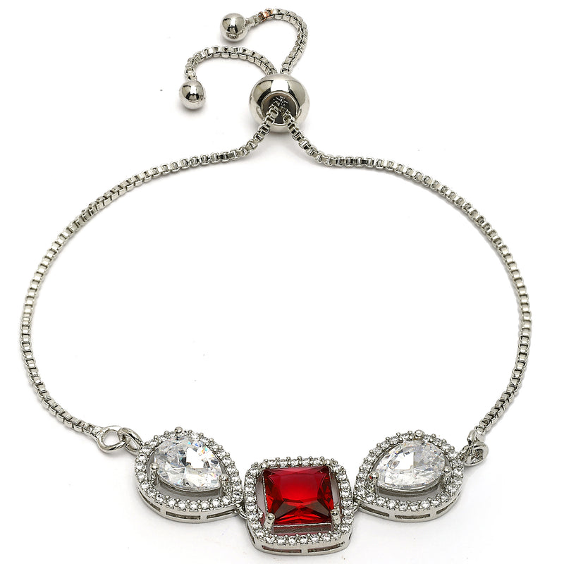 Rhodium Plated Silver Toned Square Shaped Red & White American Diamond Studded Bracelet