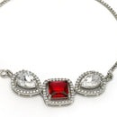 Rhodium Plated Silver Toned Square Shaped Red & White American Diamond Studded Bracelet