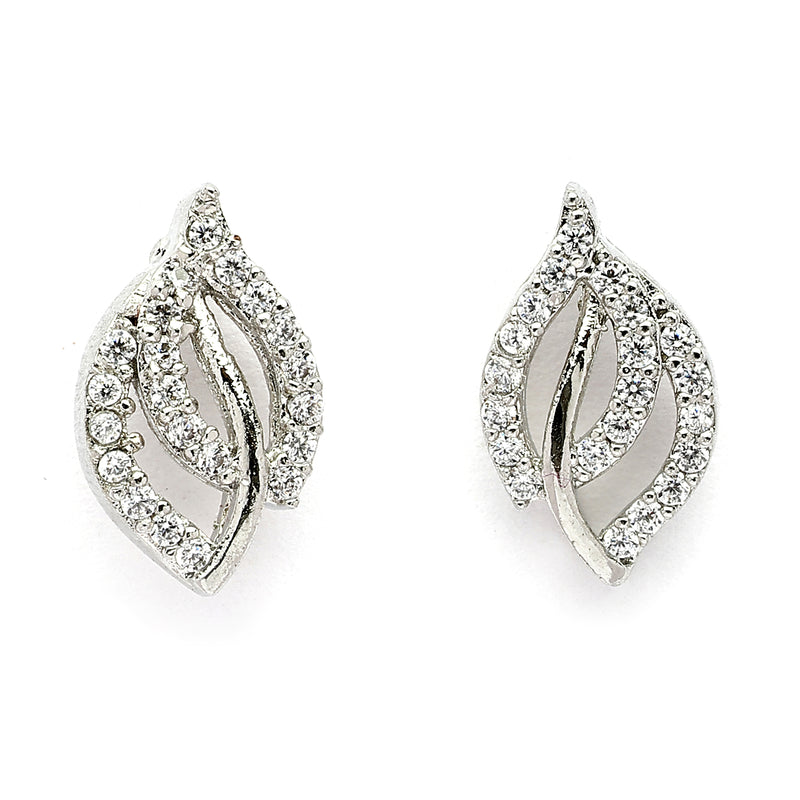 Rhodium Plated Silver Toned White Cubic Zirconia Studded Leaf Shaped Pendant Set