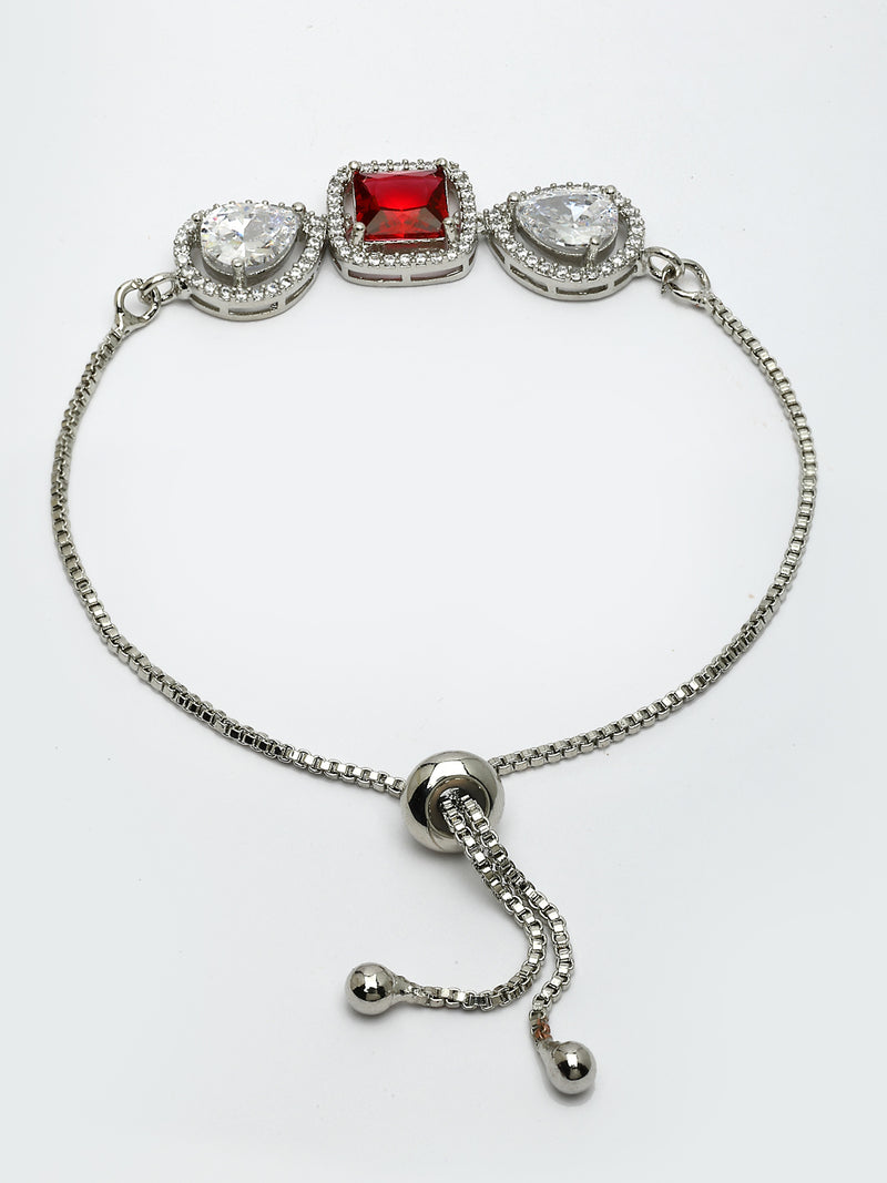 Rhodium Plated with Red & White American Diamond Studded Wraparound Bracelet