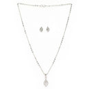 Rhodium Plated Silver Toned White Cubic Zirconia Studded Leaf Shaped Pendant Set