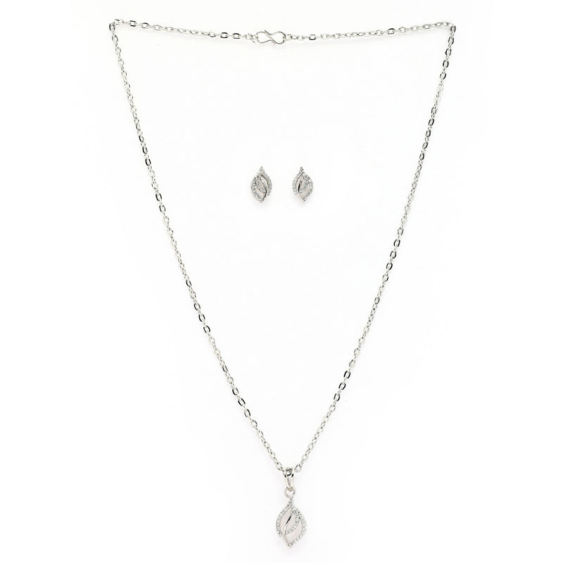 Rhodium Plated Silver Toned White Cubic Zirconia Studded Leaf Shaped Pendant Set
