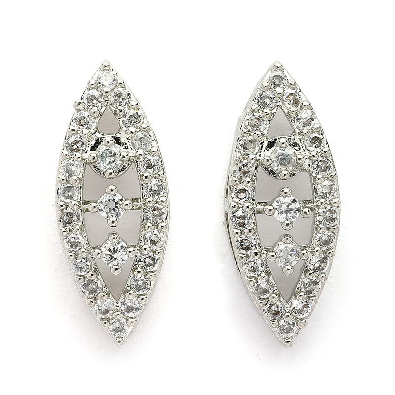 Rhodium Plated Silver Toned White Cubic Zirconia Studded Leaf Shaped Pendant Set