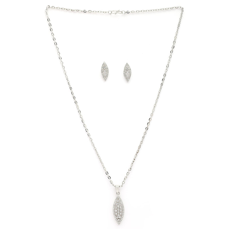 Rhodium Plated Silver Toned White Cubic Zirconia Studded Leaf Shaped Pendant Set