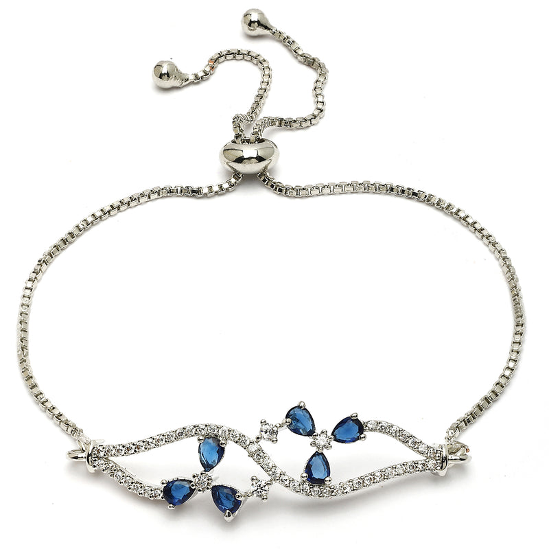 Rhodium Plated Silver Toned Floral Royal Blue American Diamond Studded Bracelet