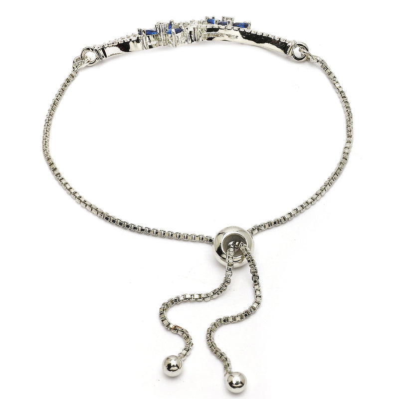 Rhodium Plated Silver Toned Floral Royal Blue American Diamond Studded Bracelet