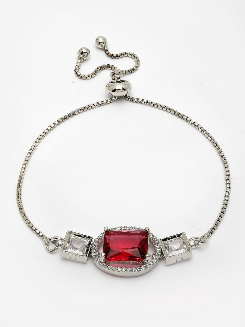 Rhodium Plated with Rectangular Red American Diamond Studded Wraparound Bracelet