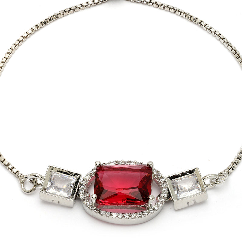 Rhodium Plated Silver Toned Rectangular Ruby Red American Diamond Studded Bracelet