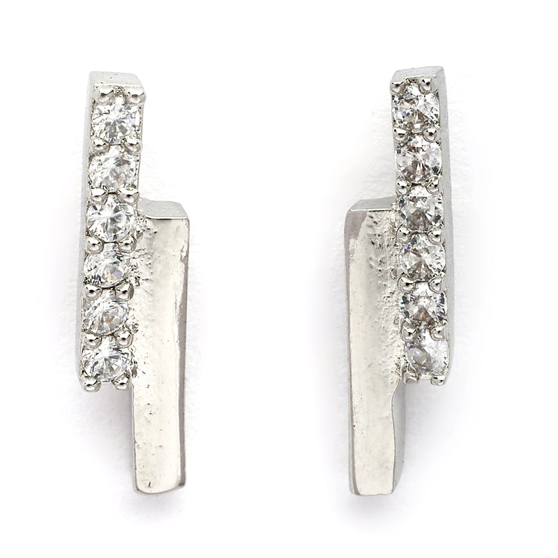 Rhodium Plated Silver Toned White Cubic Zirconia Studded Bar Shaped Pendant Set