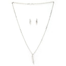 Rhodium Plated Silver Toned White Cubic Zirconia Studded Bar Shaped Pendant Set
