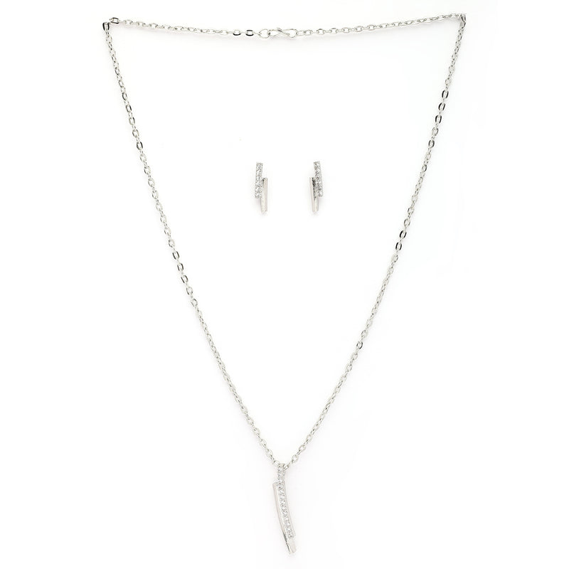 Rhodium Plated Silver Toned White Cubic Zirconia Studded Bar Shaped Pendant Set