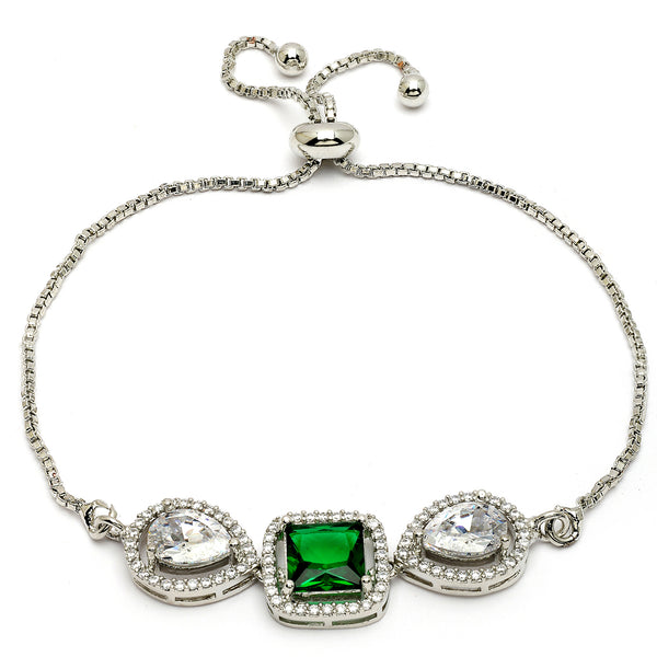 Rhodium Plated Silver Plated Square Emerald Green  American Diamond Studded Bracelet