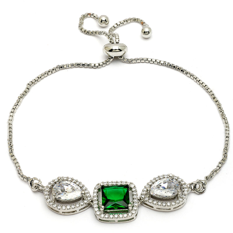 Rhodium Plated Silver Plated Square Emerald Green  American Diamond Studded Bracelet