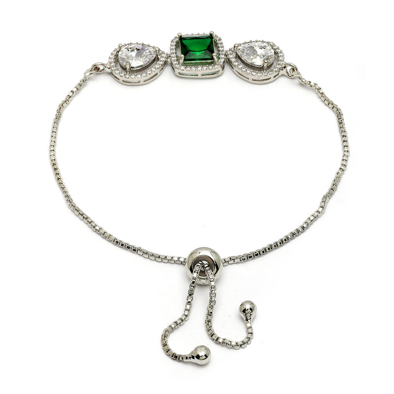 Rhodium Plated Silver Plated Square Emerald Green  American Diamond Studded Bracelet