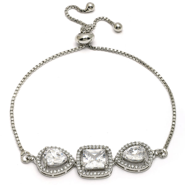 Rhodium Plated Silver Toned Square Shaped White American Diamond Studded Bracelet