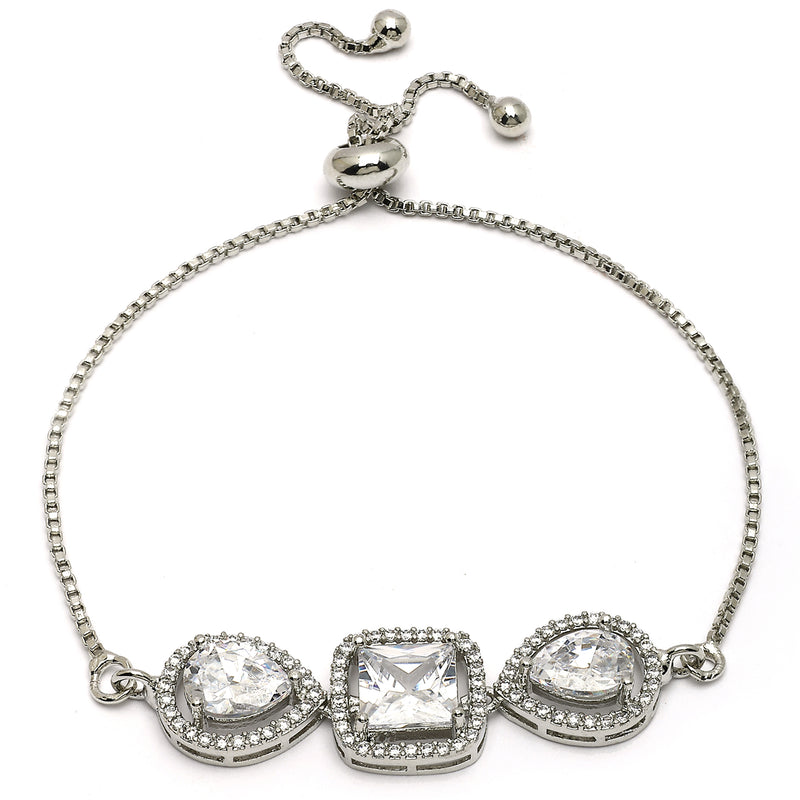 Rhodium Plated Silver Toned Square Shaped White American Diamond Studded Bracelet