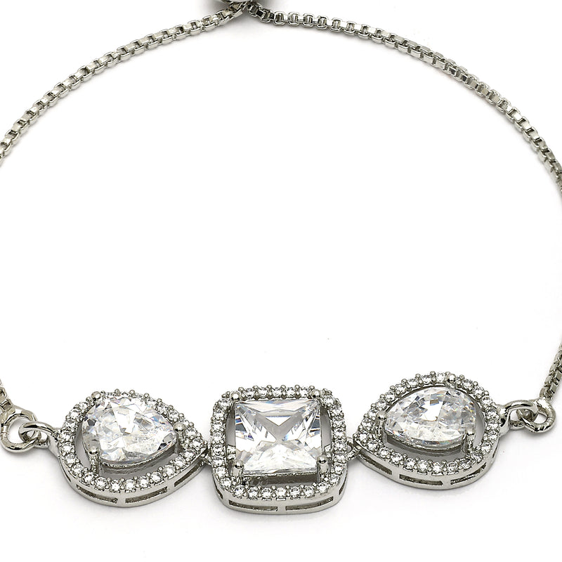 Rhodium Plated Silver Toned Square Shaped White American Diamond Studded Bracelet