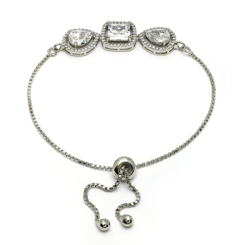 Rhodium Plated Silver Toned Square Shaped White American Diamond Studded Bracelet