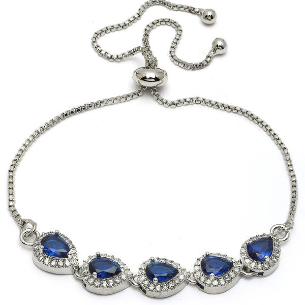 Rhodium Plated Silver Toned Teardrop Royal Blue American Diamond Studded Bracelet