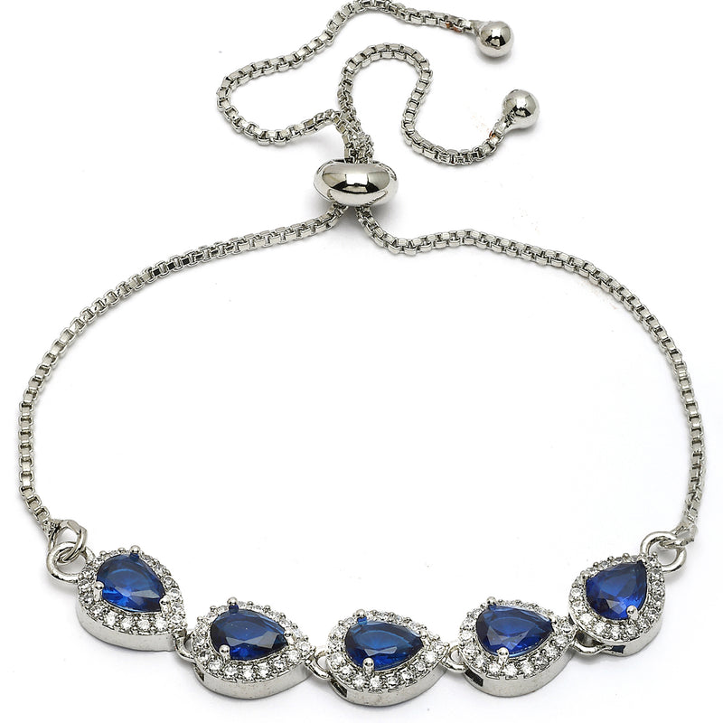 Rhodium Plated Silver Toned Teardrop Royal Blue American Diamond Studded Bracelet