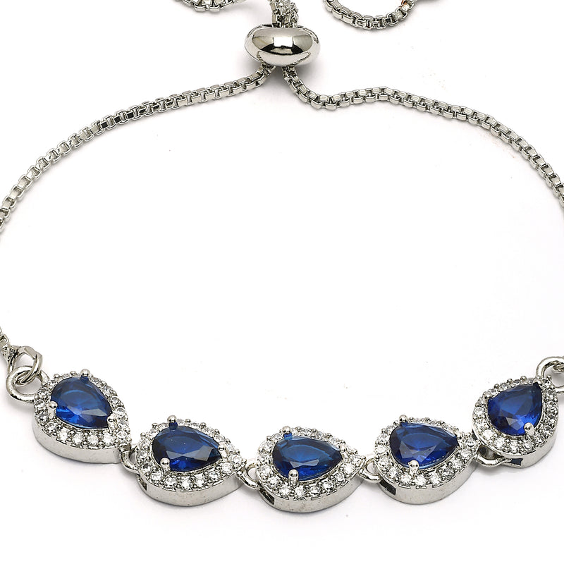 Rhodium Plated Silver Toned Teardrop Royal Blue American Diamond Studded Bracelet