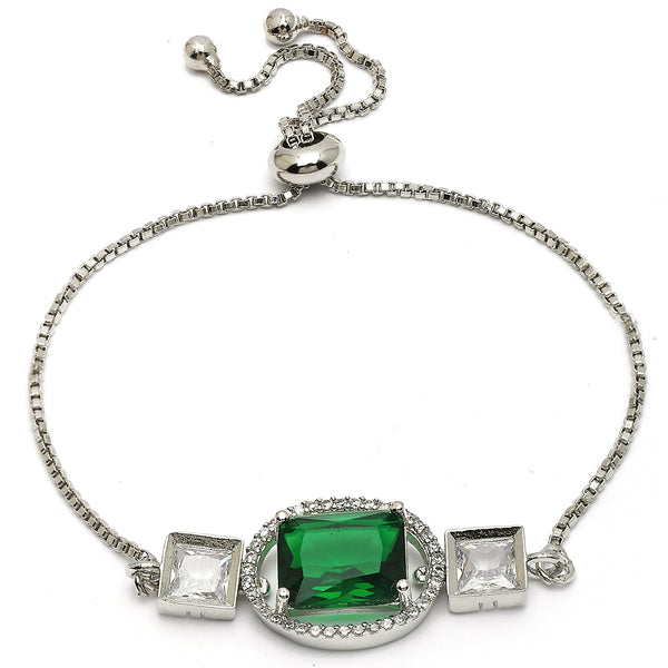 Rhodium Plated Silver Toned Rectangular Emerald Green American Diamond Studded Bracelet