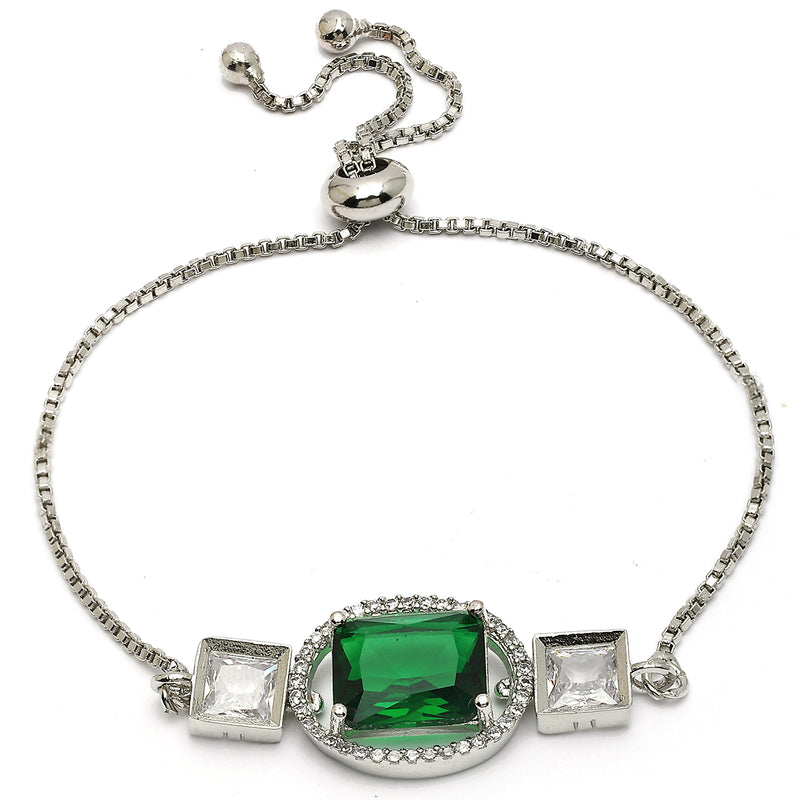 Rhodium Plated Silver Toned Rectangular Emerald Green American Diamond Studded Bracelet
