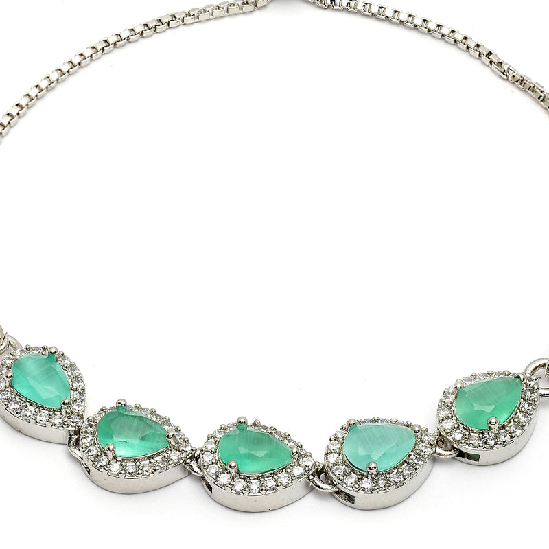 Rhodium Plated Silver Toned Teardrop Sea Green American Diamond Studded Bracelet