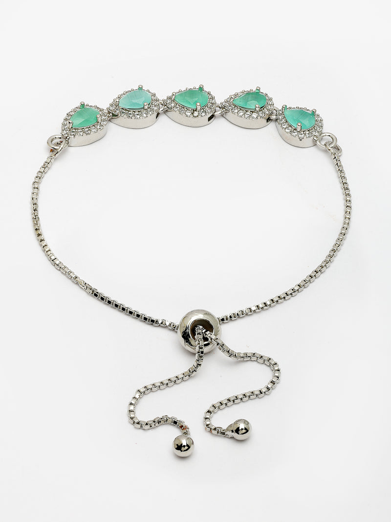 Rhodium Plated with Sea green American Diamond Studded in Teardrop Design Wraparound Bracelet