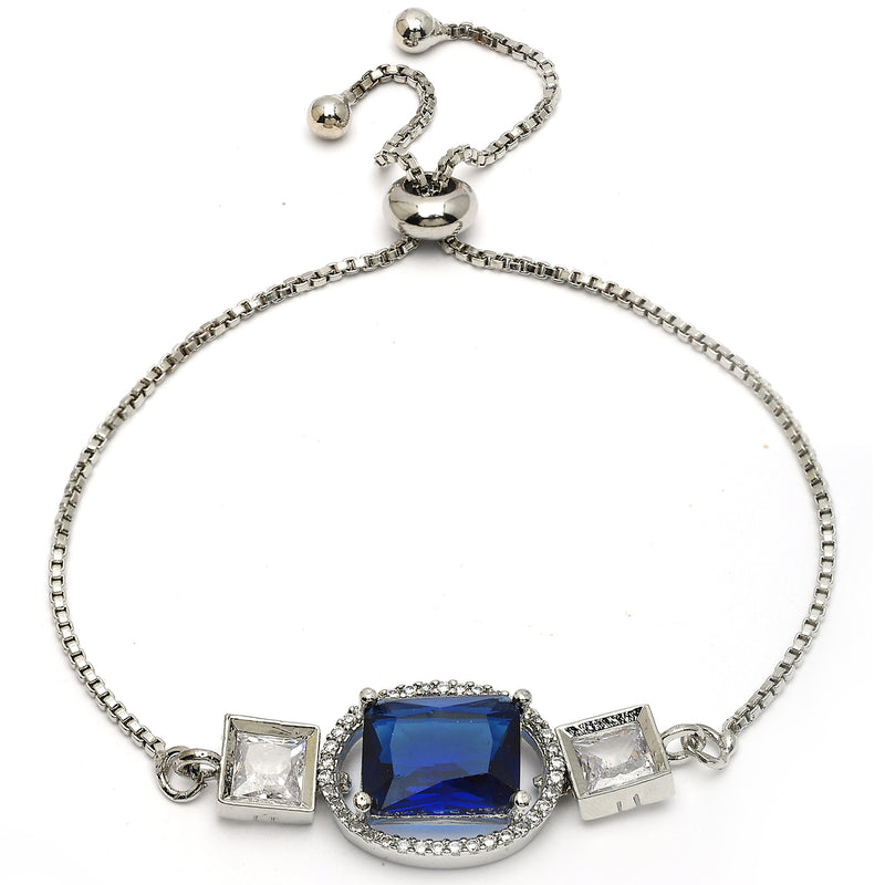 Rhodium Plated Silver Toned Rectangular Royal Blue American Diamond Studded Bracelet