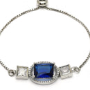 Rhodium Plated Silver Toned Rectangular Royal Blue American Diamond Studded Bracelet