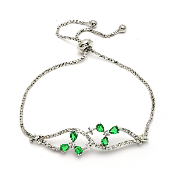 Rhodium Plated Silver Toned Floral  Emerald Green American Diamond Studded Bracelet
