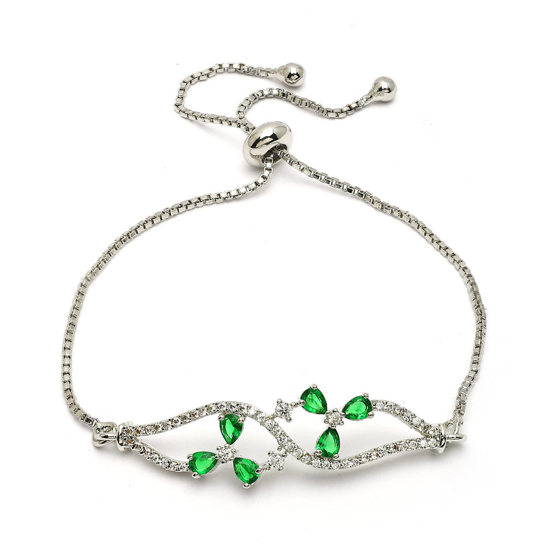 Rhodium Plated Silver Toned Floral  Emerald Green American Diamond Studded Bracelet
