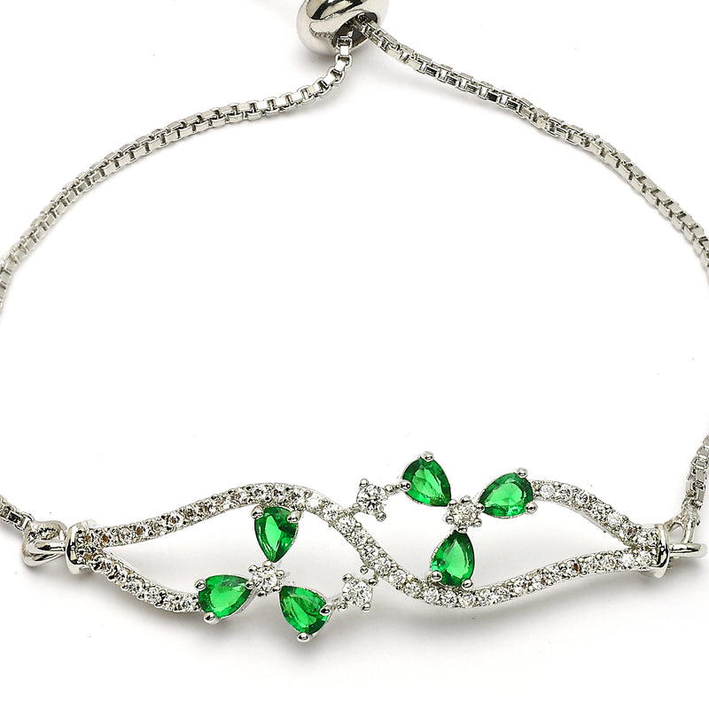 Rhodium Plated Silver Toned Floral  Emerald Green American Diamond Studded Bracelet
