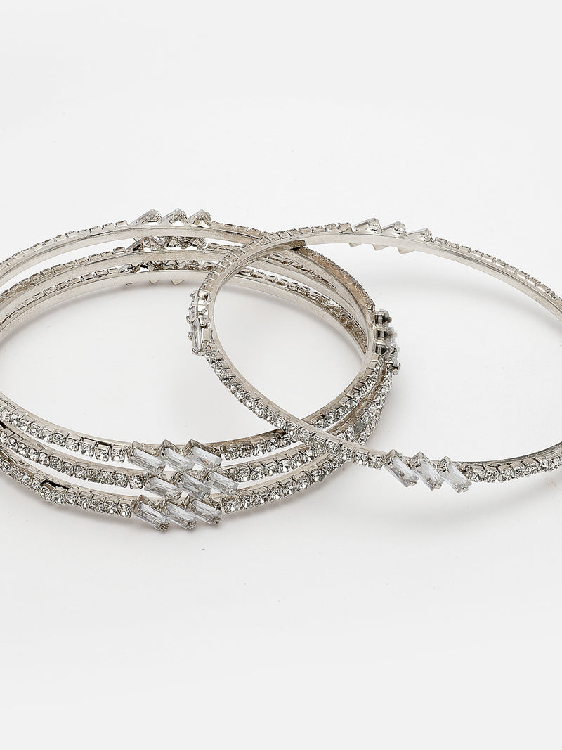 Rhodium Plated with White American Diamonds Studded Thin Bangles