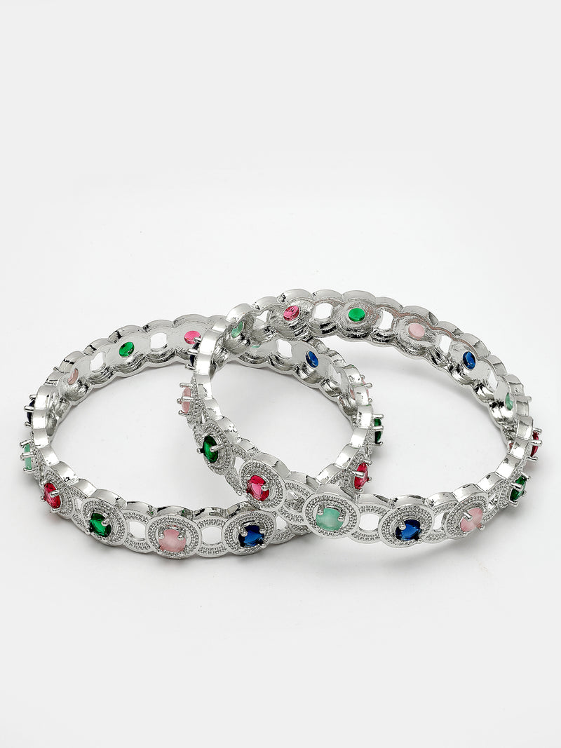 Rhodium Plated with Multicolor American Diamond Studded Circular Design Kada Bangles