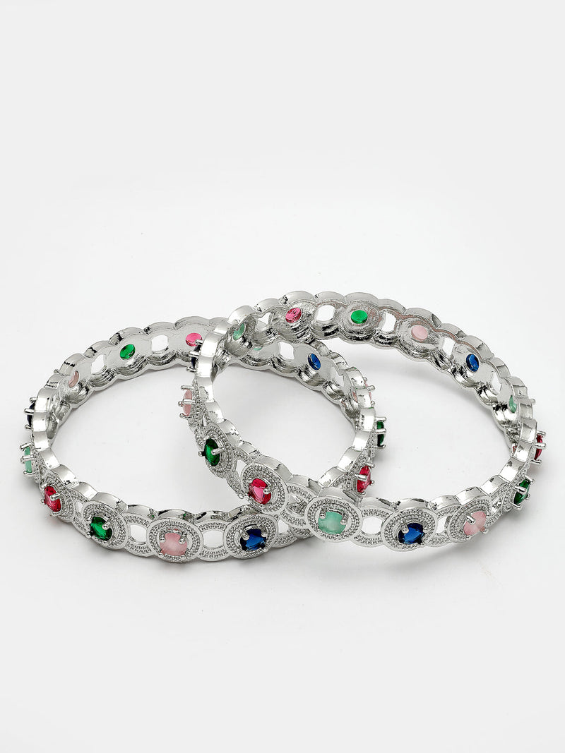 Rhodium Plated Multicolor American Diamond Studded Circular Design Bangles