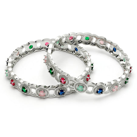 Rhodium Plated Multicolor American Diamond Studded Circular Design Bangles