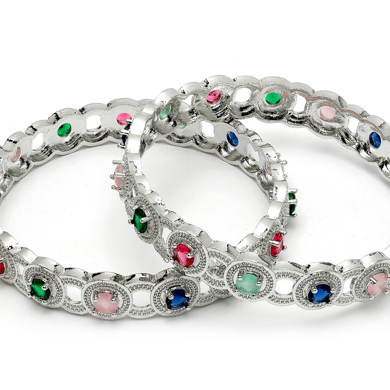 Rhodium Plated Multicolor American Diamond Studded Circular Design Bangles