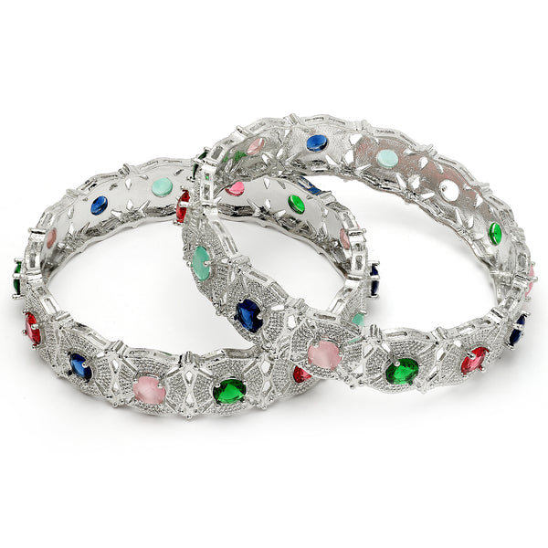 Rhodium Plated with Multicolor American Diamond Studded Floral Design Kada Bangles
