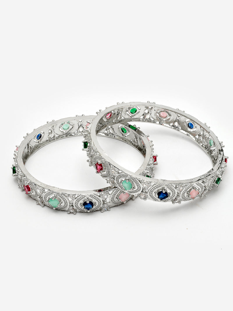 Rhodium Plated with Multicolor American Diamond Studded Kada Bangles