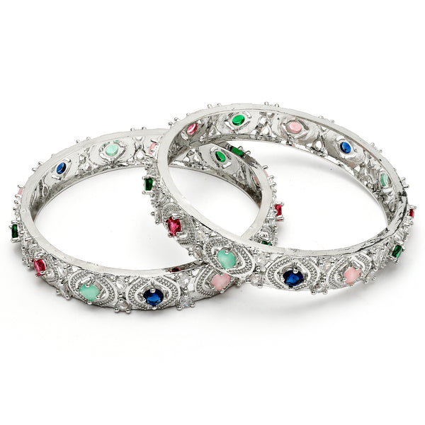 Rhodium Plated Multicolor American Diamond Studded Kada Bangles