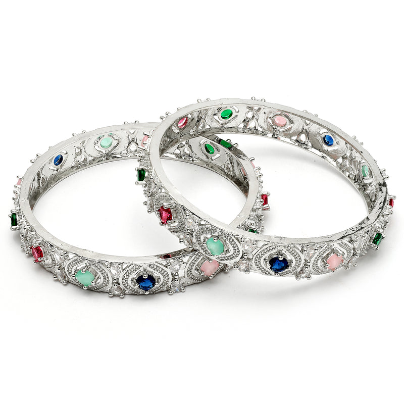 Rhodium Plated Multicolor American Diamond Studded Kada Bangles