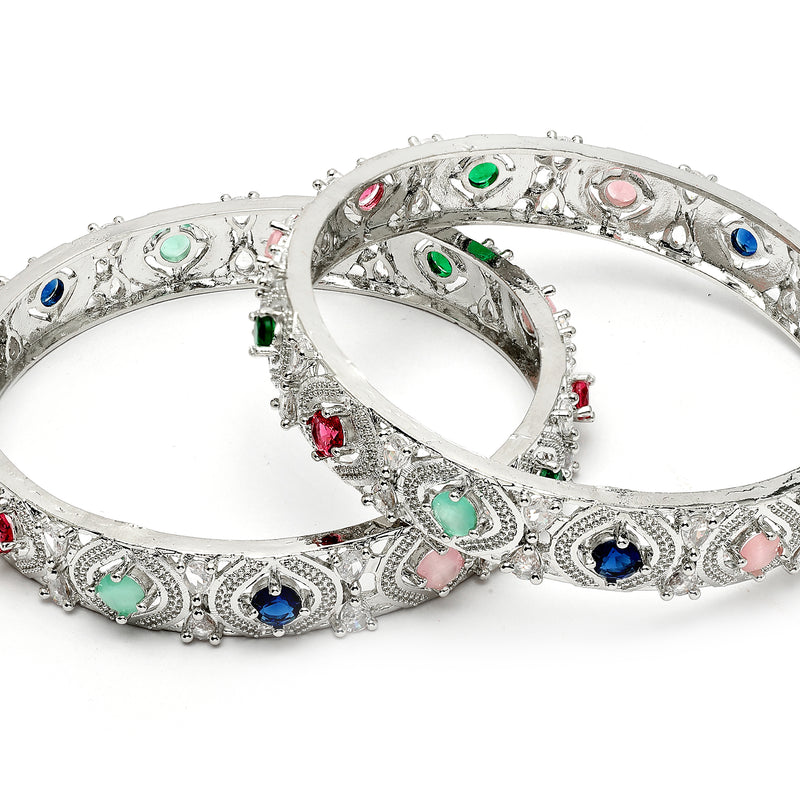 Rhodium Plated Multicolor American Diamond Studded Kada Bangles