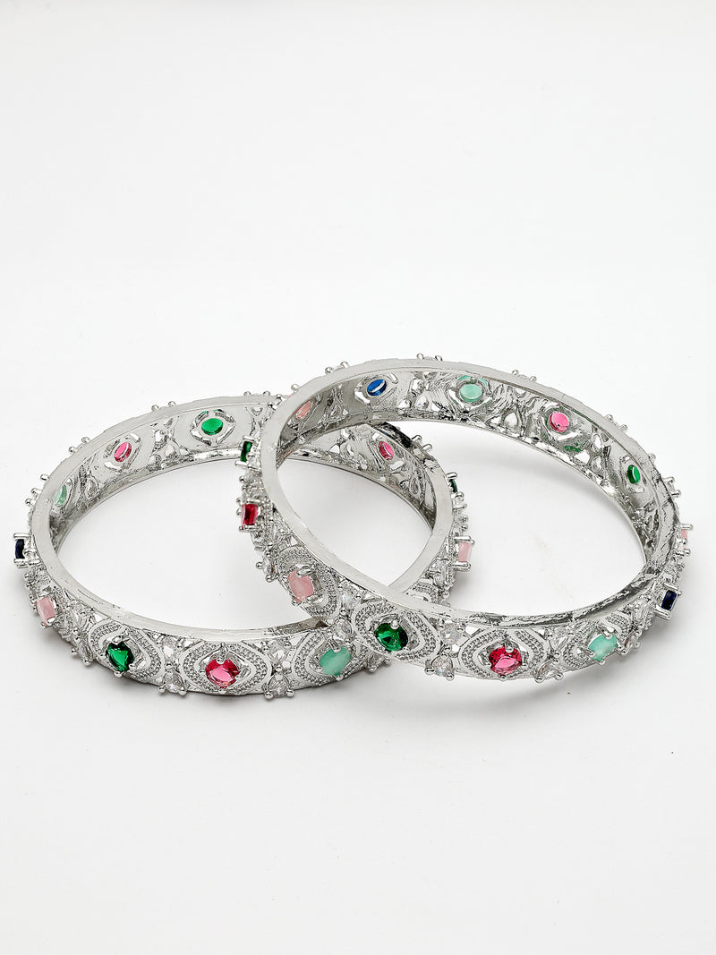 Rhodium Plated with Multicolor American Diamond Studded Kada Bangles