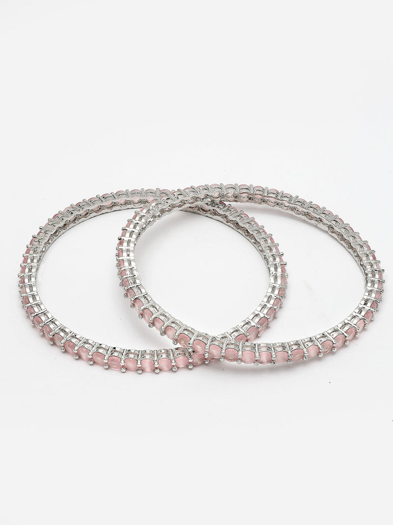 Rhodium Plated Pink American Diamond Studded Thin Bangles