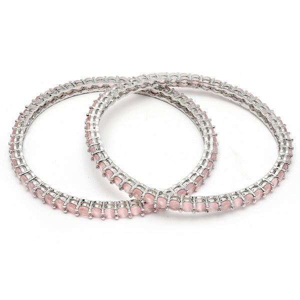 Rhodium Plated Pink American Diamond Studded Thin Bangles